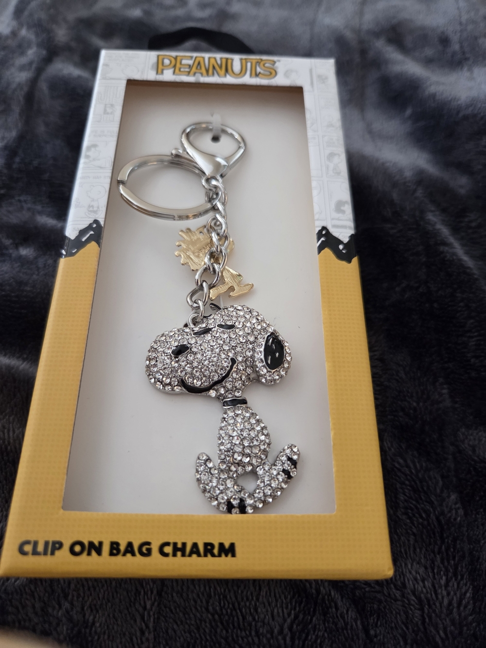 Peanuts Silver Rhinestone Snoopy Bag Charm with Gold Woodstock Accent